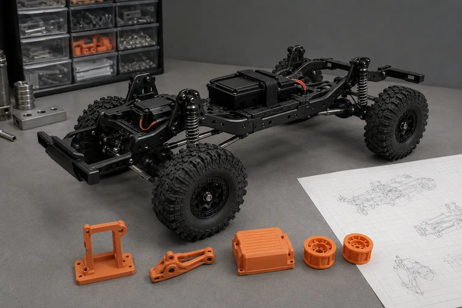 1比14模块化 RC 攀爬车底盘与橙色 3D 打印功能部件概念原型